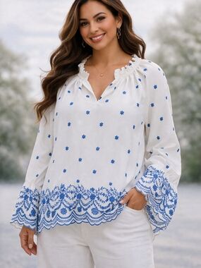 Embroidered Blouse Women L White Blue Floral Boho Long